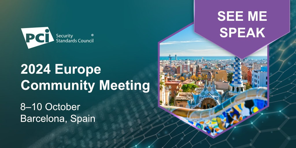 Bild zur Bewerbung des PCI Community Meetings, das einen Ausschnitt von Barcelona zeigt, das Datum und den Ort des Meetings sowie die Werbung "See me speak".